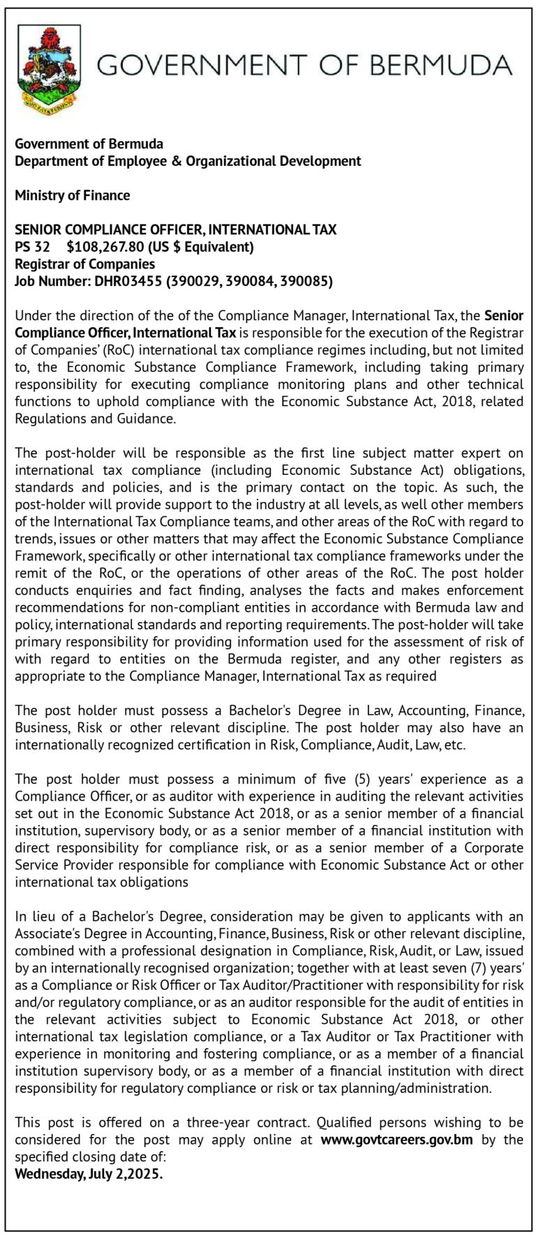 GOVERNMENT OF BERMUDA – Senior Compliance Officer, International Tax