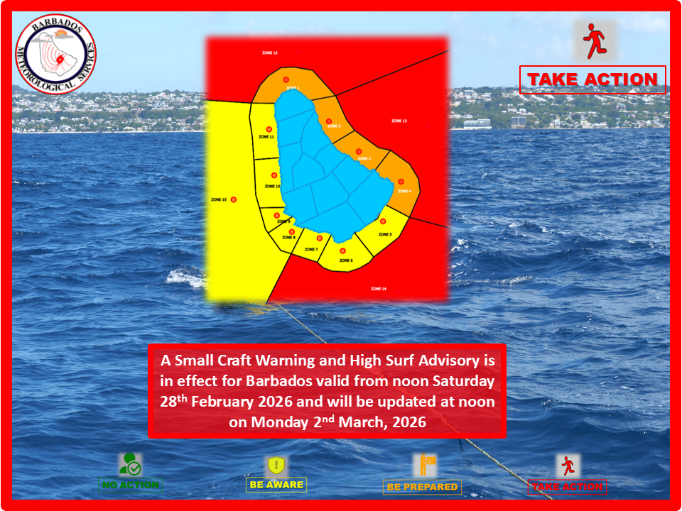 Small Craft Warning, High Surf Advisory in effect for Barbados