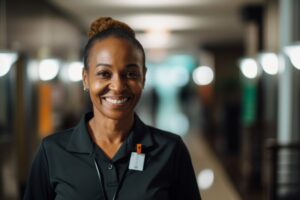 Smiling portrait of a middle aged female african american housekeeper in a hotel hallway looking at camera
